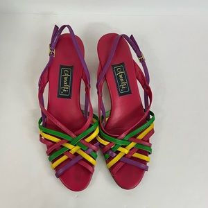 Amalfi Vintage Leather Strap Hot Pink Yellow Purple Green Cork Wedge Women Sz 8N